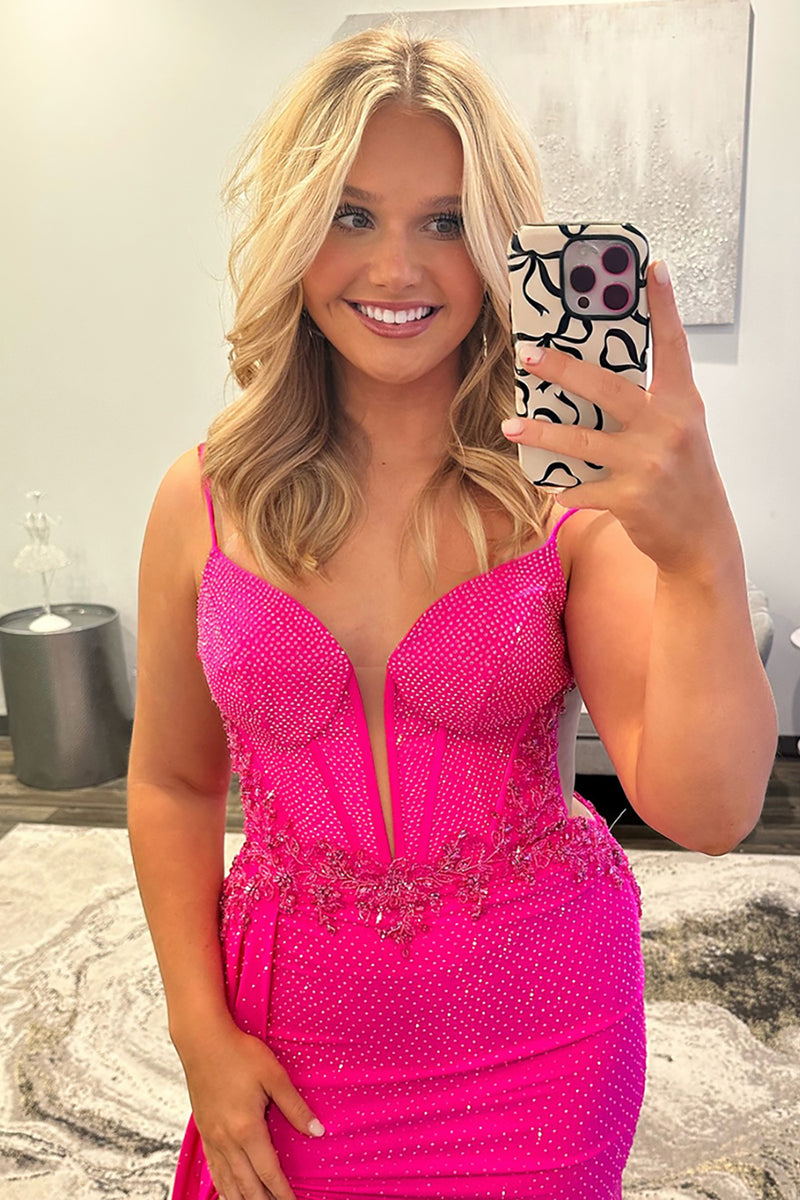 Load image into Gallery viewer, Fuchsia Sheath Satin Corset Long Prom Dress with Slit