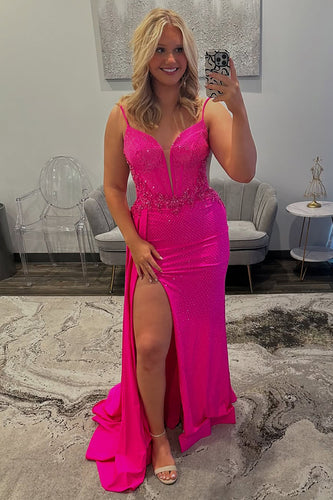 Fuchsia Sheath Satin Corset Long Prom Dress with Slit