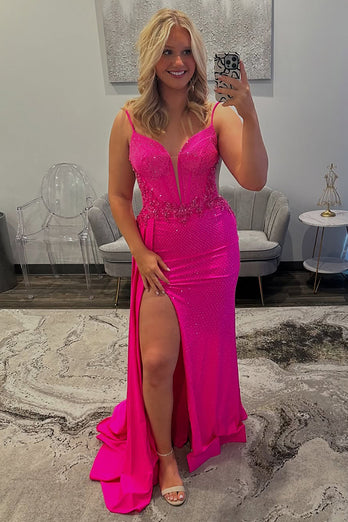 Fuchsia Sheath Satin Corset Long Prom Dress with Slit
