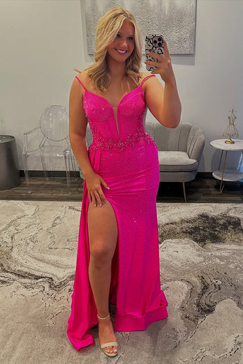 Fuchsia Sheath Satin Corset Long Prom Dress with Slit