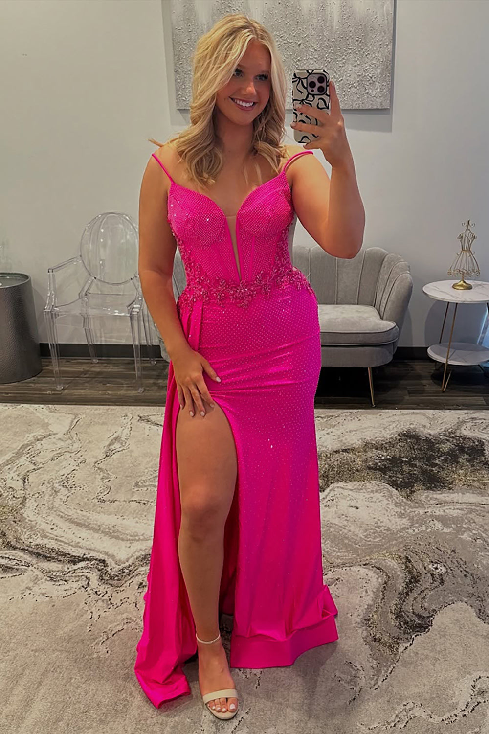 Fuchsia Sheath Satin Corset Long Prom Dress with Slit