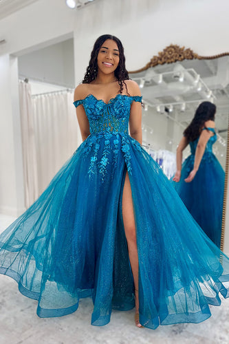 Peacock Blue A Line Tulle Corset Long Prom Dress with Slit