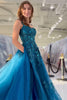 Load image into Gallery viewer, Peacock Blue A Line Appliqued Long Tulle Prom Dress with Slit
