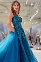 Load image into Gallery viewer, Peacock Blue A Line Appliqued Long Tulle Prom Dress with Slit