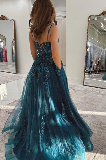 Peacock Blue A Line Appliqued Long Tulle Prom Dress with Slit