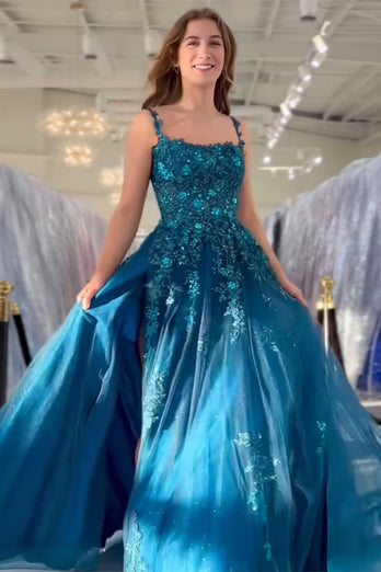 Peacock Blue A Line Appliqued Long Tulle Prom Dress with Slit
