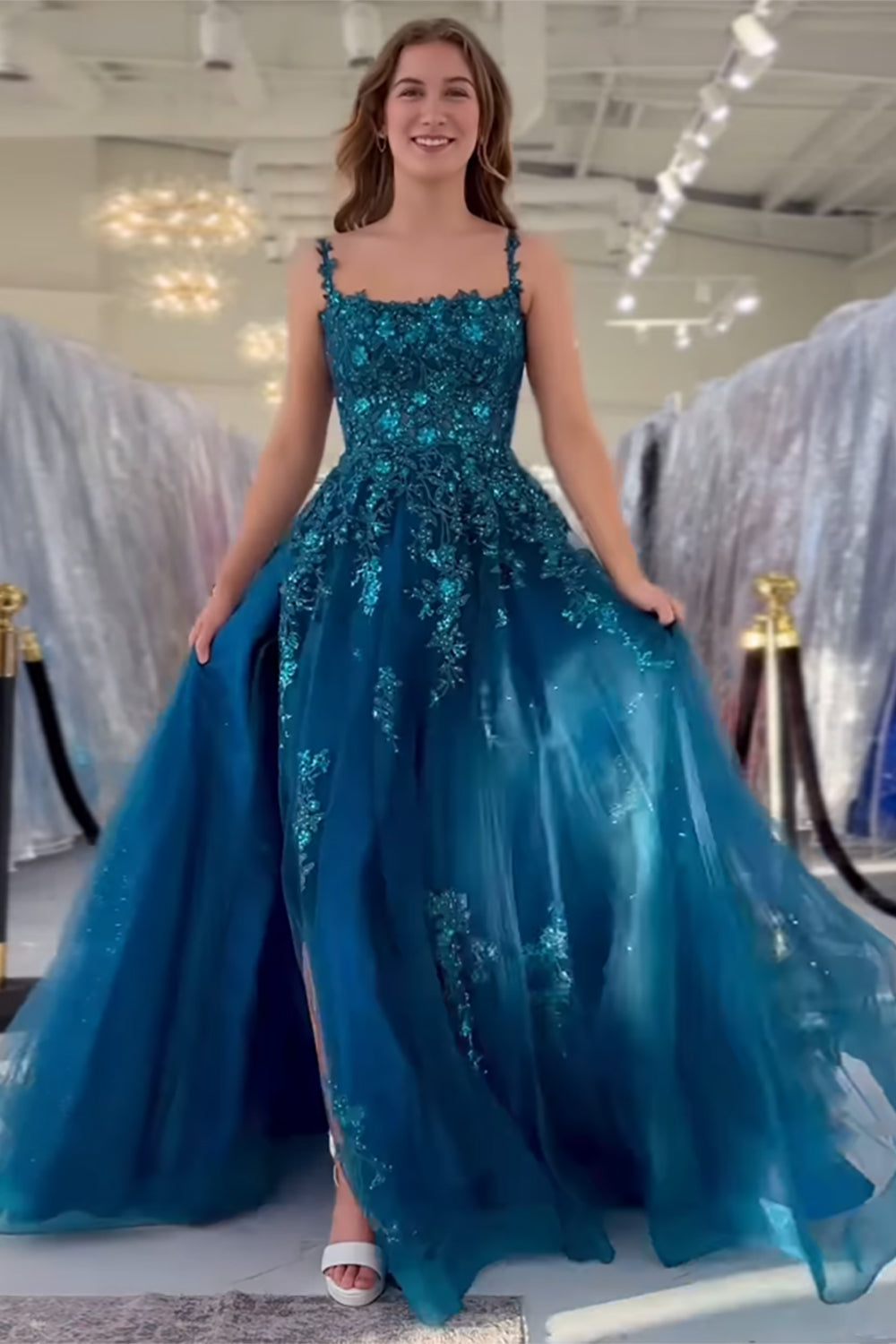 Peacock Blue A Line Appliqued Long Tulle Prom Dress with Slit