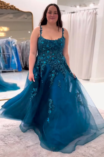 Peacock Blue A Line Appliqued Long Tulle Prom Dress with Slit
