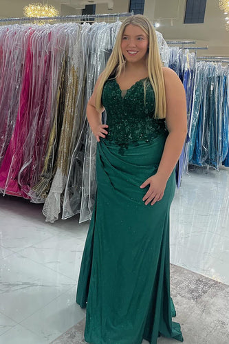 Sparkly Emerald Green Satin Long Corset Prom Dress with Appliques