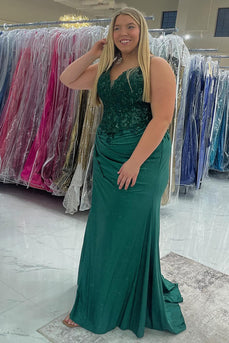 Sparkly Emerald Green Satin Long Corset Prom Dress with Appliques