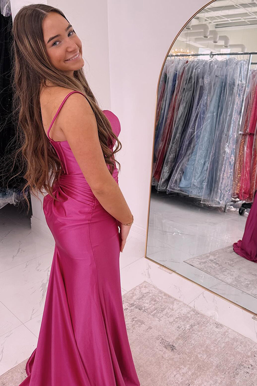 Fuchsia Mermaid Satin Corset Long Prom Dress
