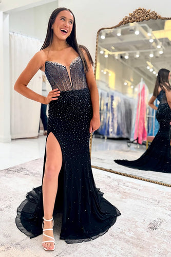 Black Mermaid Sparkly Corset Long Prom Dress with Slit