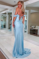 Load image into Gallery viewer, Light Blue Satin Corset Long Prom Dress with Slit