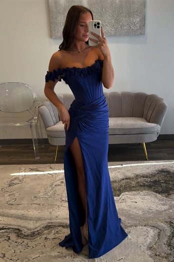 Light Blue Satin Corset Long Prom Dress with Slit