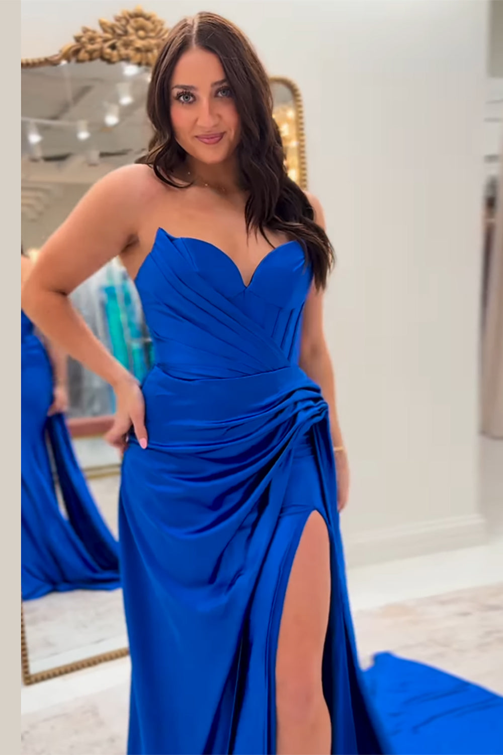Royal Blue Sheath Satin Long Prom Dress with Slit