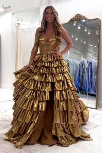 Metallic Gold A Line Corset Long Prom Dress with Slit