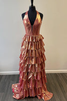 Load image into Gallery viewer, Metallic Gold A Line Corset Long Prom Dress with Slit