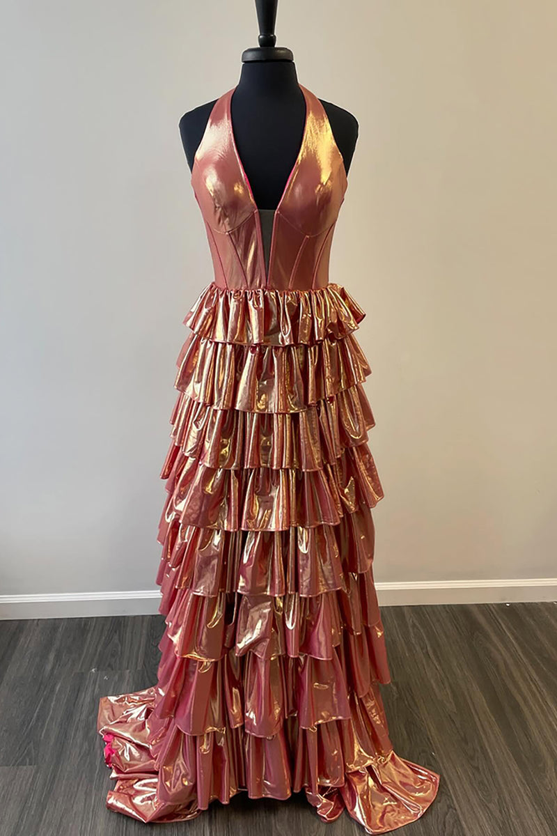 Load image into Gallery viewer, Metallic Gold A Line Corset Long Prom Dress with Slit