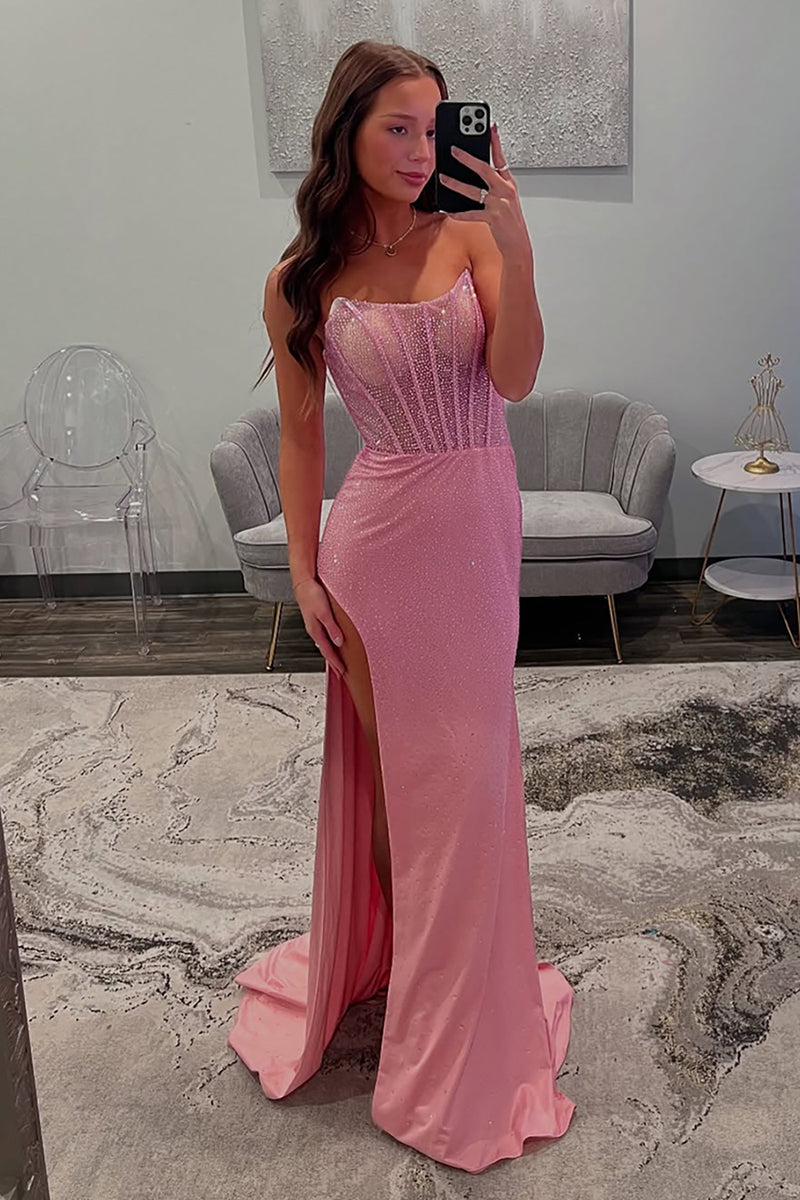 Load image into Gallery viewer, Pink Sheath Corset Satin Long Prom Dress with Slit