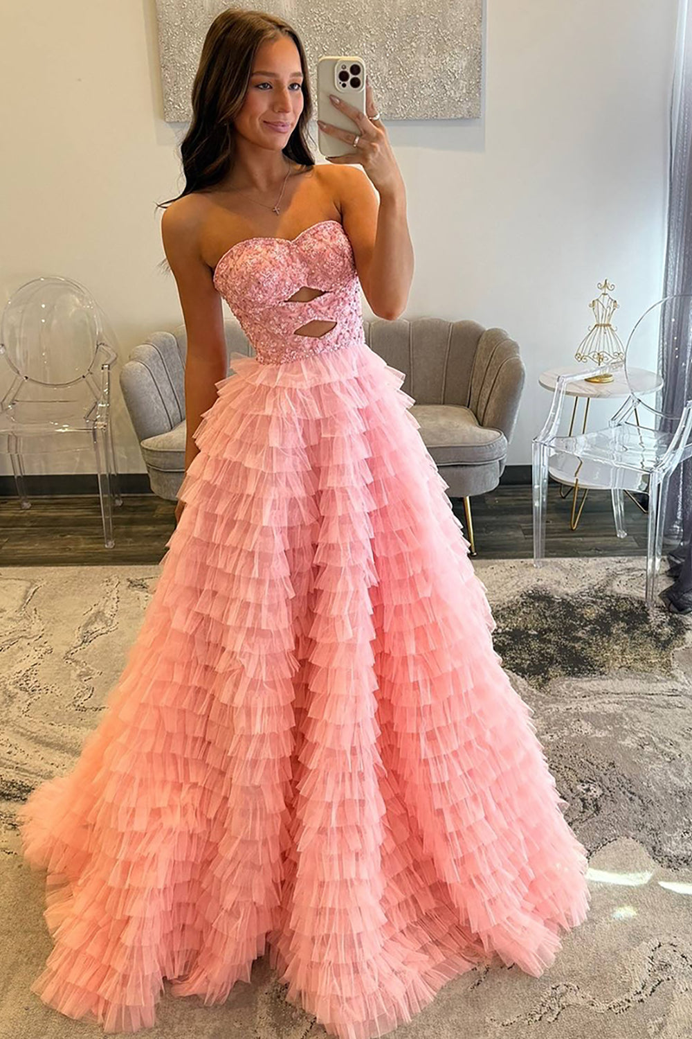 Pink A Line Tiered Tulle Long Prom Dress