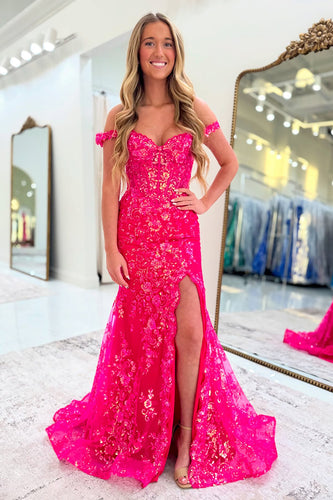Fuchsia Mermaid Tulle Corset Long Prom Dress with Slit