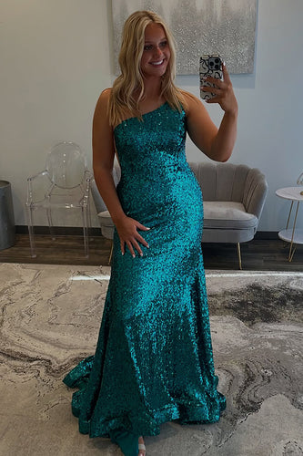 Sparkly Blue Sheath Sequins Long Prom Dress