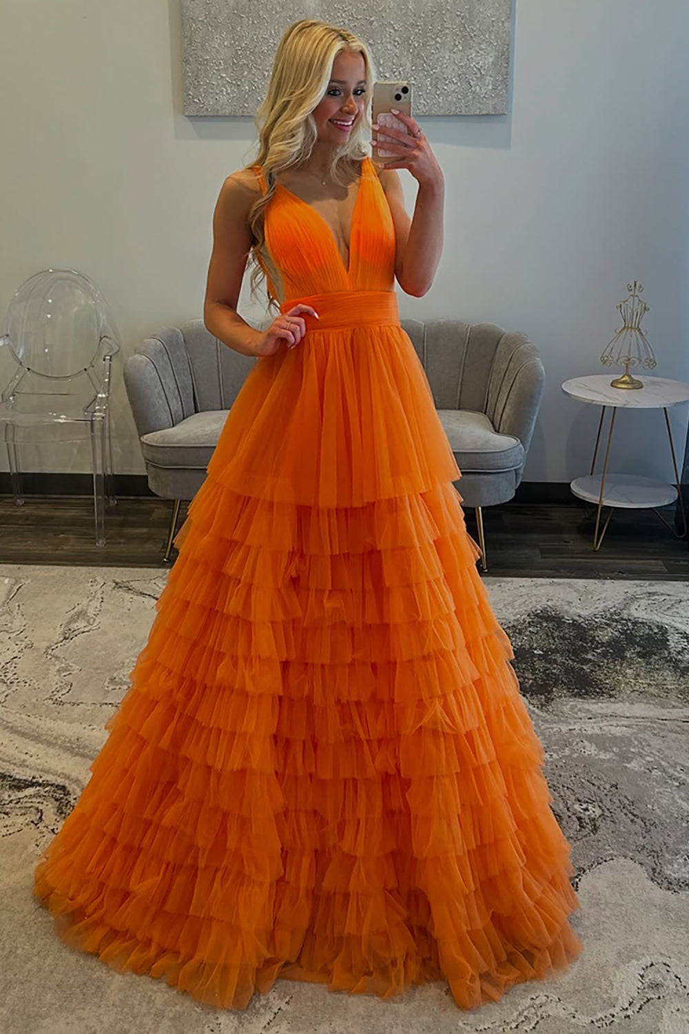 Orange A Line Tulle Long Tiered Prom Dress
