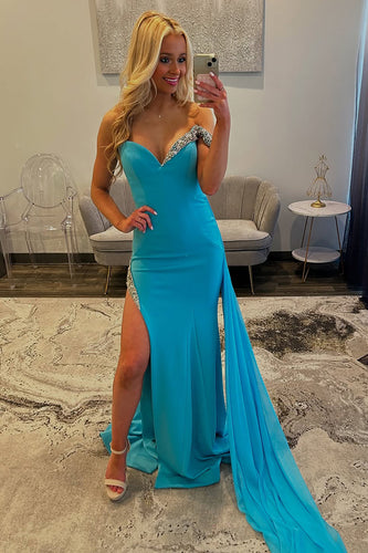 Blue Sheath One Shoulder Long Prom Dress with Slit