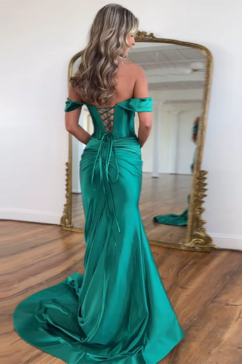 Emerald Green Mermaid Corset Satin Long Prom Dress with Slit