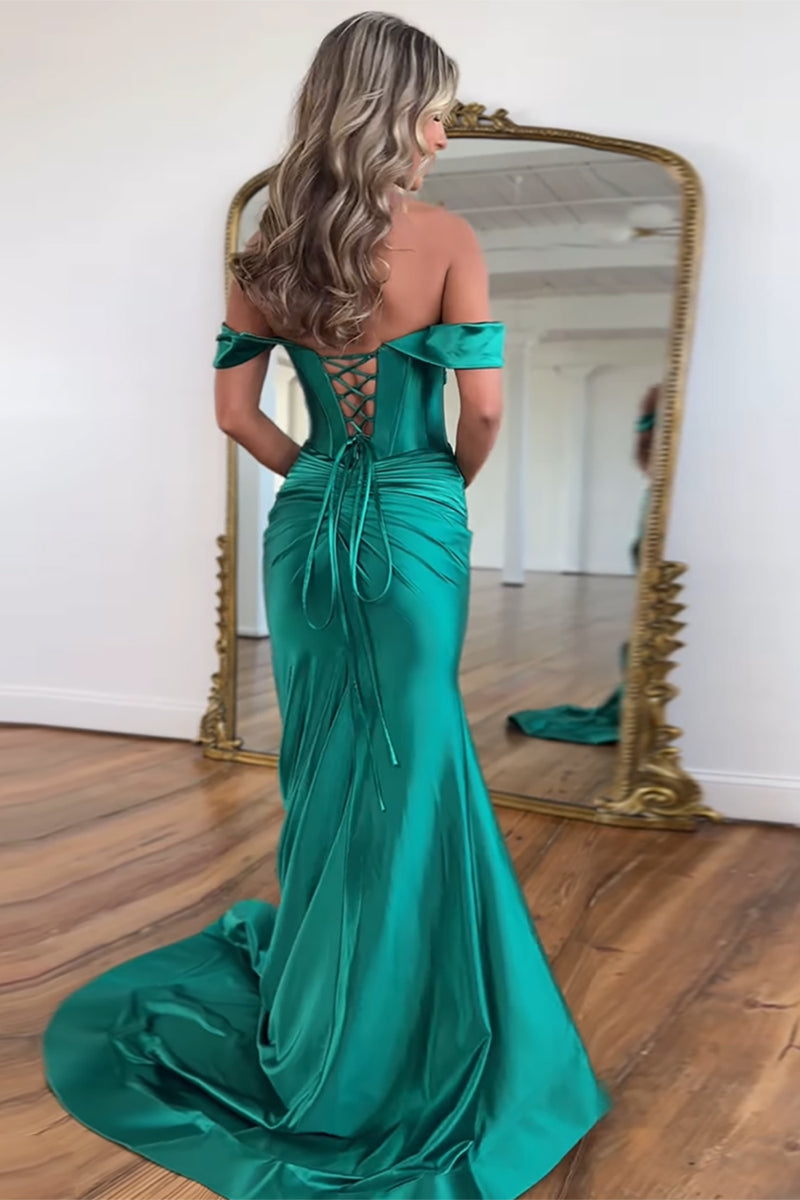 Load image into Gallery viewer, Emerald Green Mermaid Corset Satin Long Prom Dress with Slit