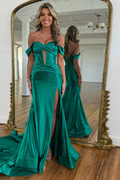 Load image into Gallery viewer, Emerald Green Mermaid Corset Satin Long Prom Dress with Slit