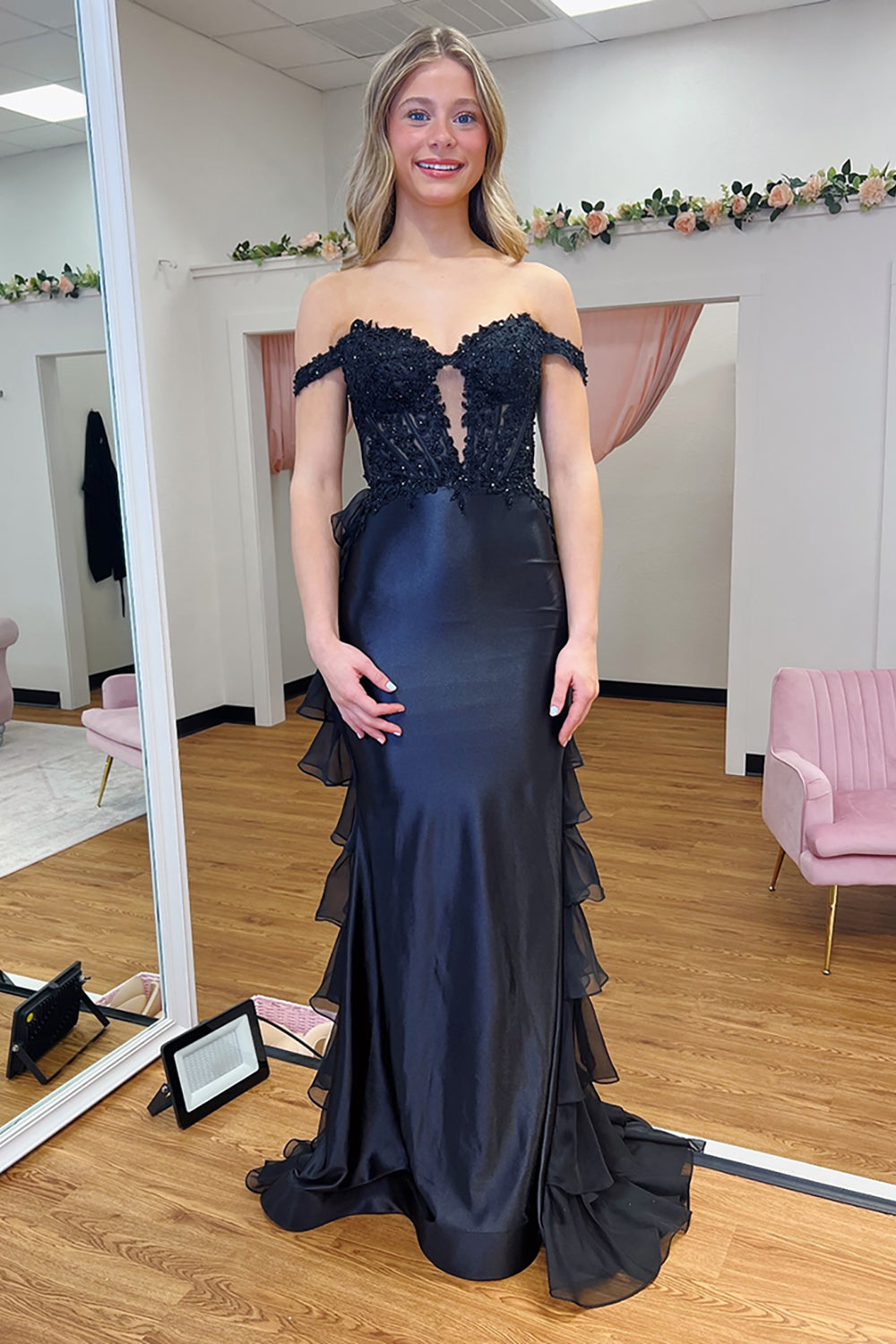 Navy Satin Corset Mermaid Long Prom Dress with Ruffles