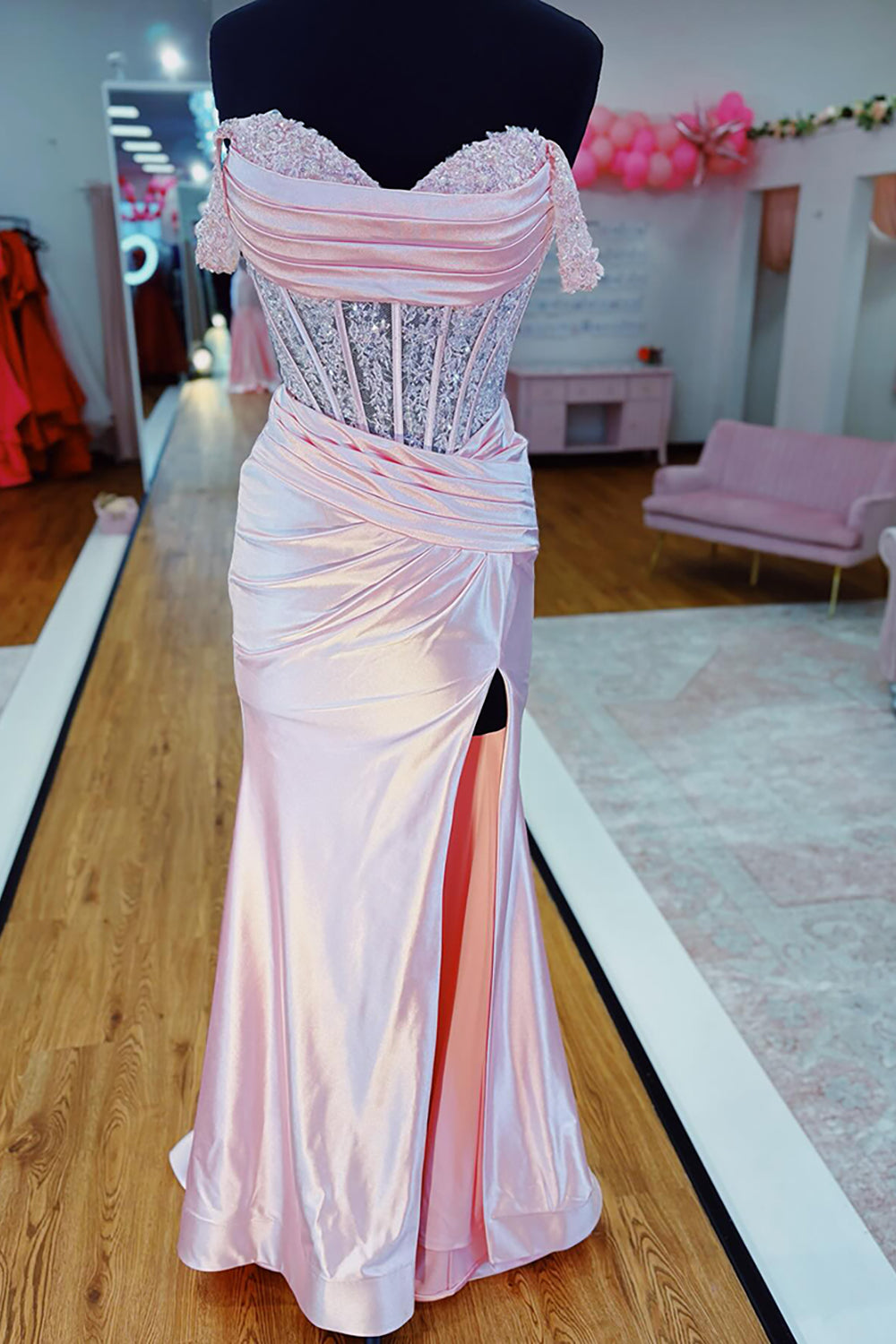 Pink Satin Corset Ruched Mermaid Long Prom Dress with Slit