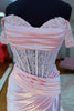 Load image into Gallery viewer, Pink Satin Corset Ruched Mermaid Long Prom Dress with Slit