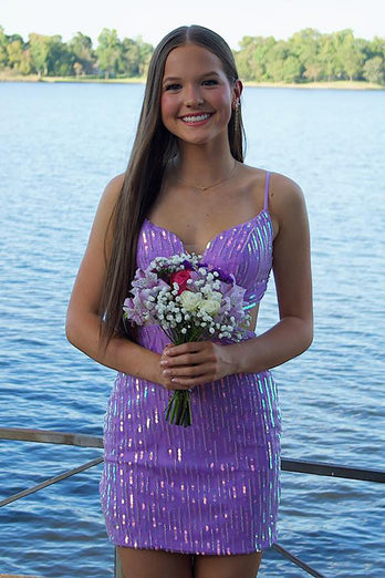 Sparkly Purple Sequin Beaded Bodycon Short Porm Dress