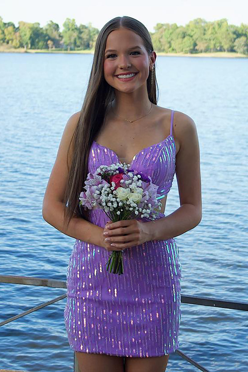 Load image into Gallery viewer, Sparkly Purple Sequin Beaded Bodycon Short Porm Dress