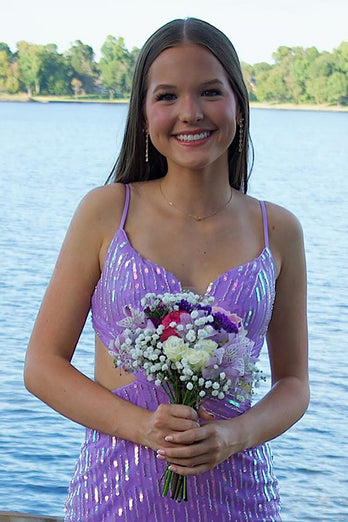 Sparkly Purple Sequin Beaded Bodycon Short Porm Dress