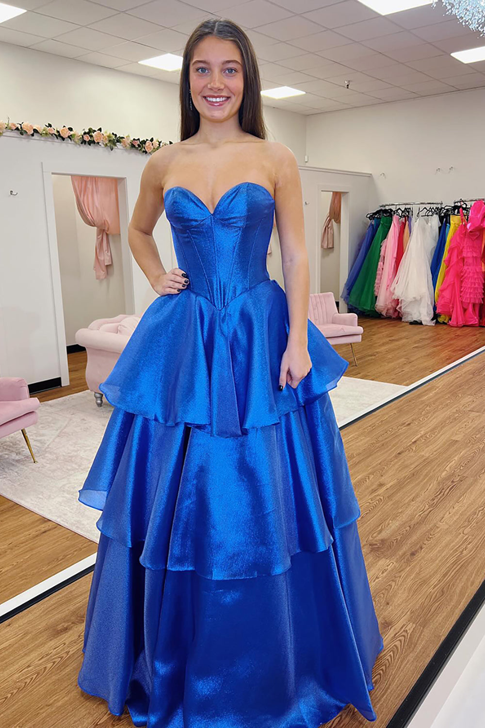 Princess Royal Blue Satin Corset Ball Gown Long Prom Dress with Ruffles