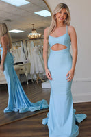 Load image into Gallery viewer, Light Blue Satin Mermaid Long Prom Dress with Keyhole
