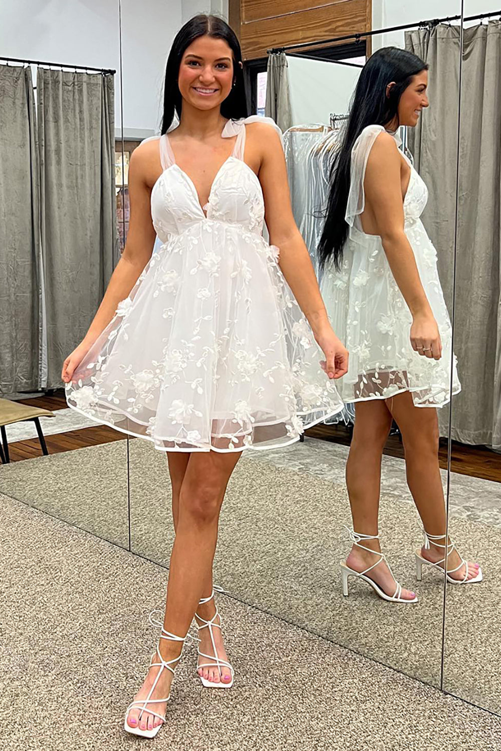 Princess White Organza Floral A Line Short Graduation Dress