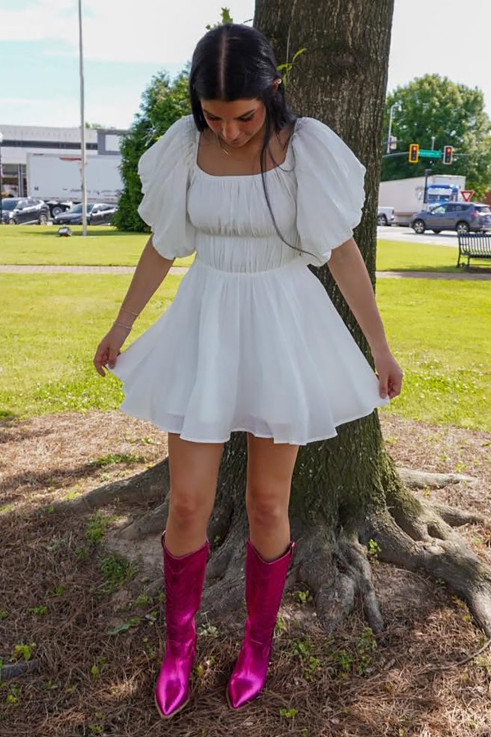 White Chiffon Puff Sleeves A Line Short Graduation Dress