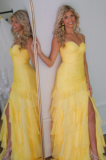 Yellow Chiffon Sweetheart Pleated Mermaid Long Prom Dress with Ruffles
