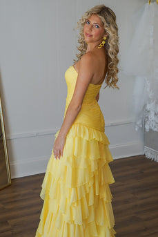 Yellow Chiffon Sweetheart Pleated Mermaid Long Prom Dress with Ruffles
