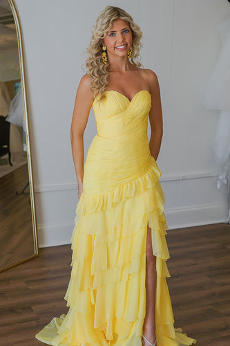 Yellow Chiffon Sweetheart Pleated Mermaid Long Prom Dress with Ruffles