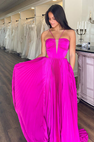 Princess Fuchsia Satin A Line Pleated Long Prom Dress
