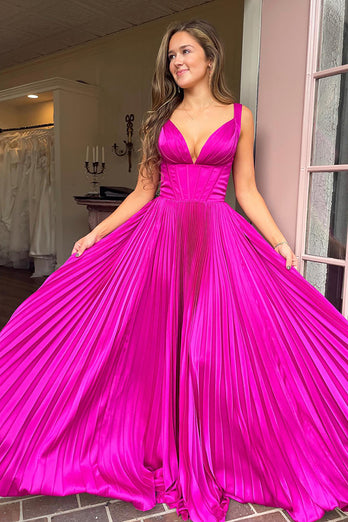 Princess Fuchsia Satin Corset Pleated A Line Long Prom Dress
