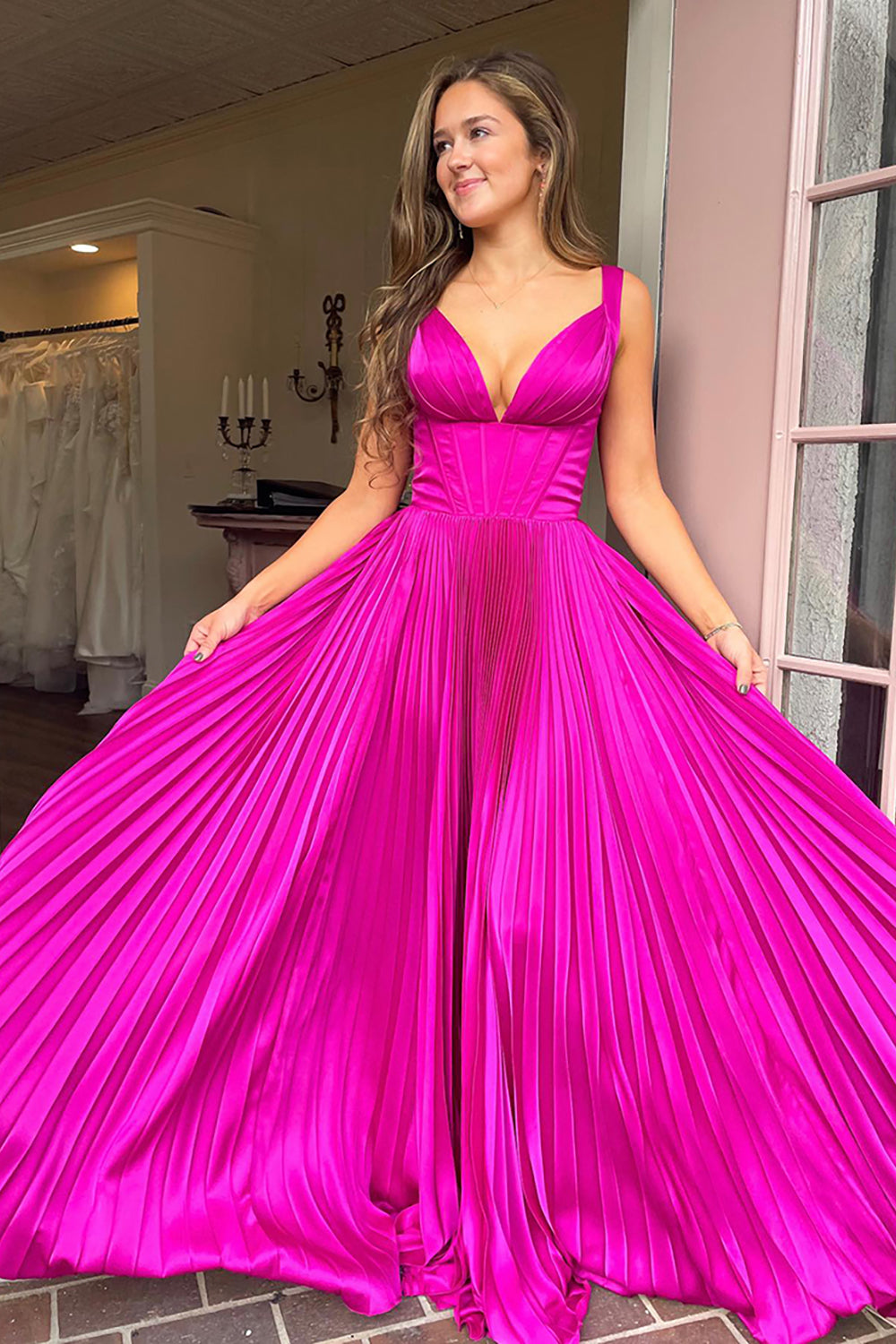 Princess Fuchsia Satin Corset Pleated A Line Long Prom Dress