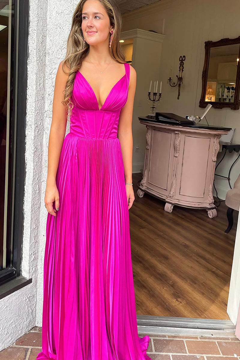 Load image into Gallery viewer, Princess Fuchsia Satin Corset Pleated A Line Long Prom Dress