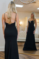 Load image into Gallery viewer, Black Satin Spaghetti Straps Mermaid Long Prom Dress with Bow