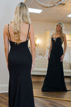 Black Satin Spaghetti Straps Mermaid Long Prom Dress with Bow
